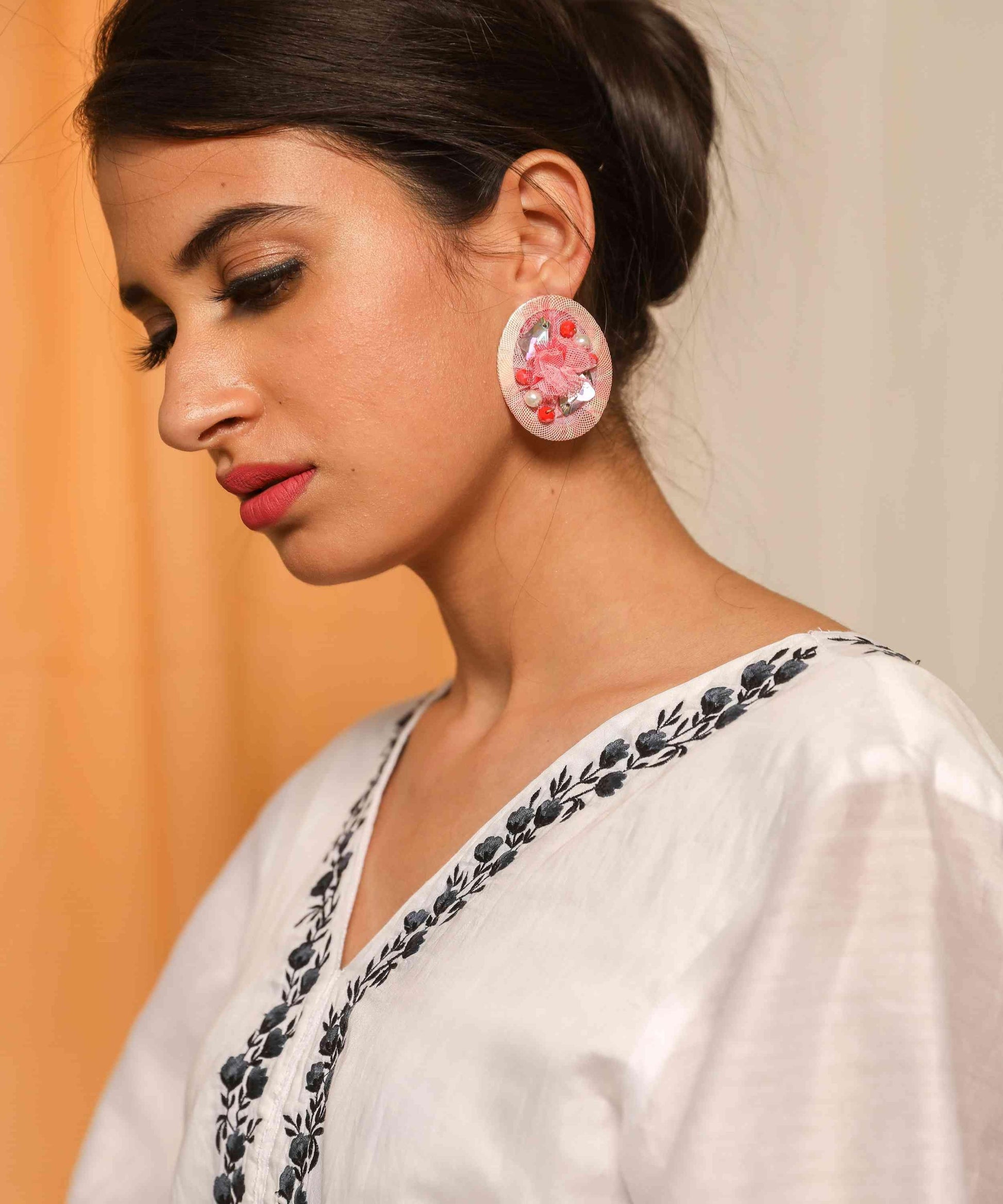 Rhinestones on Printed Net Design Artificial Fashion Dangler Earrings Jhumka for Girls Women