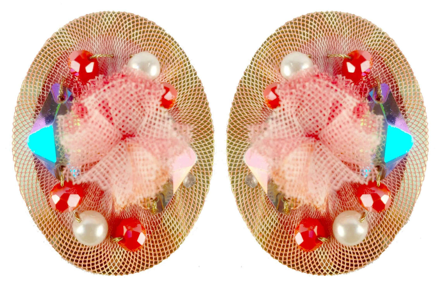 Rhinestones on Printed Net Design Artificial Fashion Dangler Earrings Jhumka for Girls Women, Oval, Pink