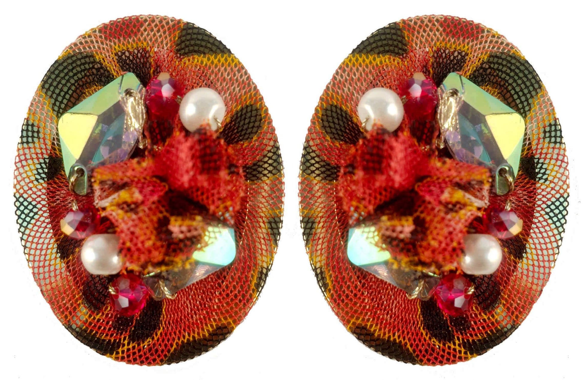 Rhinestones on Printed Net Design Artificial Fashion Dangler Earrings Jhumka for Girls Women, Oval, Red