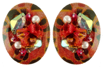 Rhinestones on Printed Net Design Artificial Fashion Dangler Earrings Jhumka for Girls Women, Oval, Red