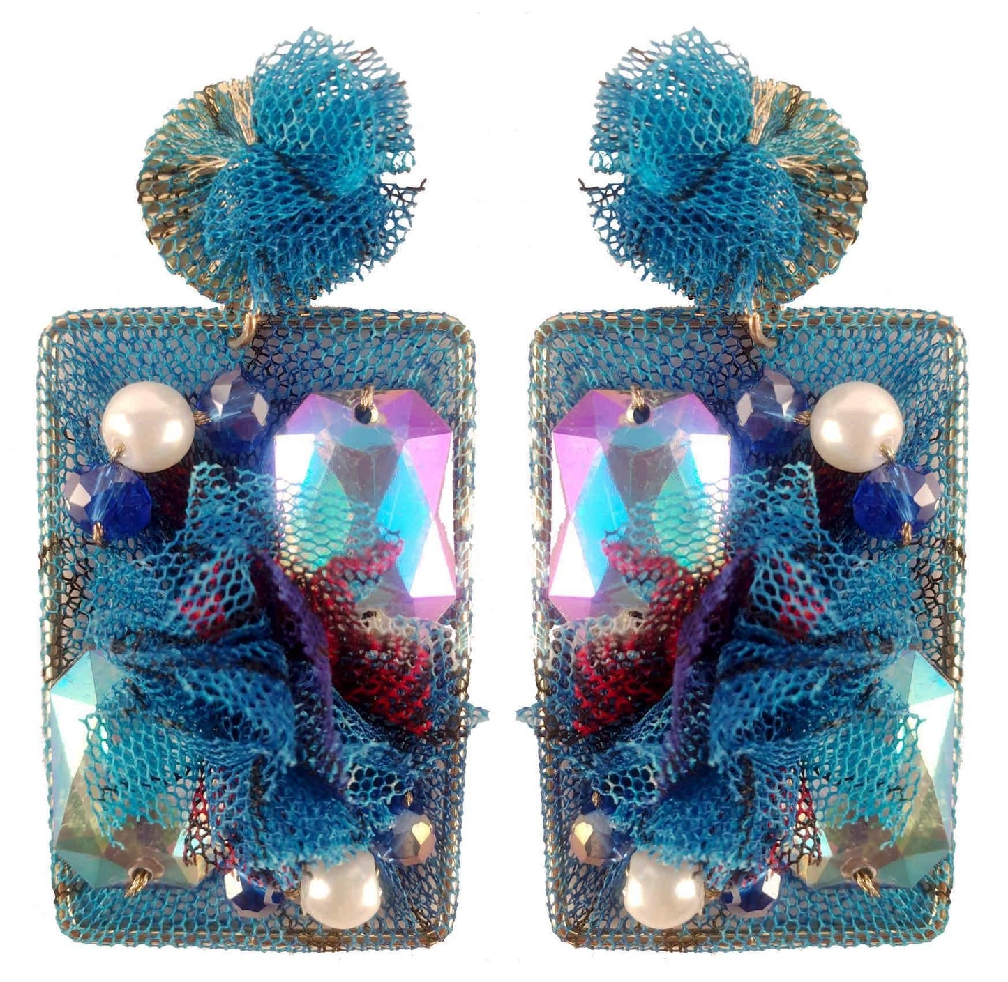 Rhinestones on Printed Net Design Artificial Fashion Dangler Earrings Jhumka for Girls Women, Rectangle, Blue