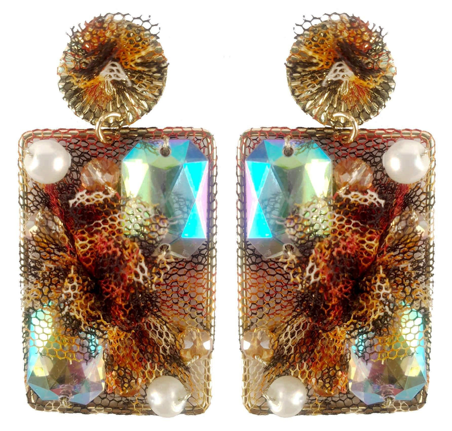 Rhinestones on Printed Net Design Artificial Fashion Dangler Earrings Jhumka for Girls Women, Rectangle, Brown