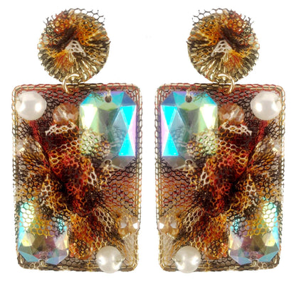 Rhinestones on Printed Net Design Artificial Fashion Dangler Earrings Jhumka for Girls Women, Rectangle, Brown
