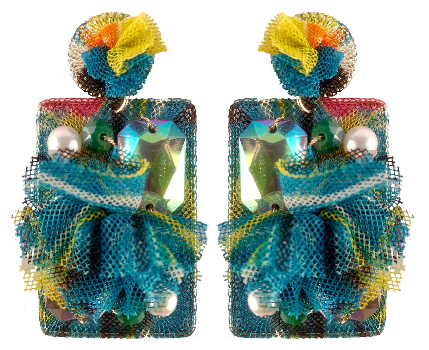 Rhinestones on Printed Net Design Artificial Fashion Dangler Earrings Jhumka for Girls Women, Rectangle, Turquoise