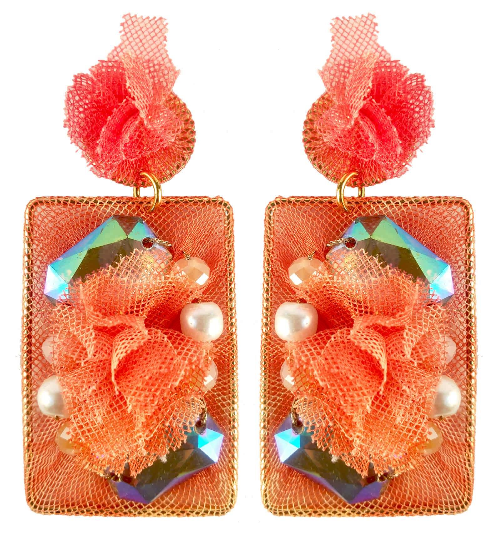 Rhinestones on Printed Net Design Artificial Fashion Dangler Earrings Jhumka for Girls Women, Rectangle, Peach