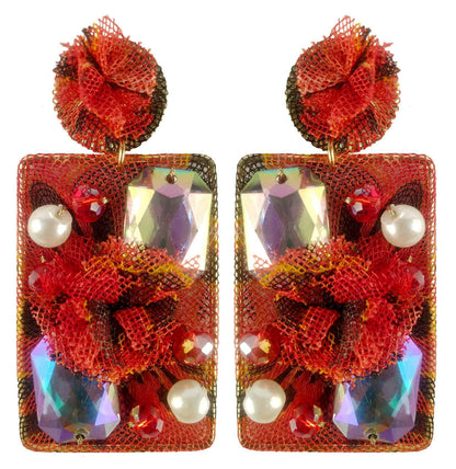 Rhinestones on Printed Net Design Artificial Fashion Dangler Earrings Jhumka for Girls Women, Rectangle, Red