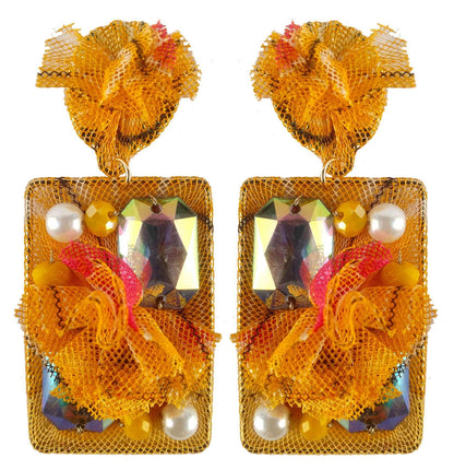Rhinestones on Printed Net Design Artificial Fashion Dangler Earrings Jhumka for Girls Women, Rectangle, Yellow