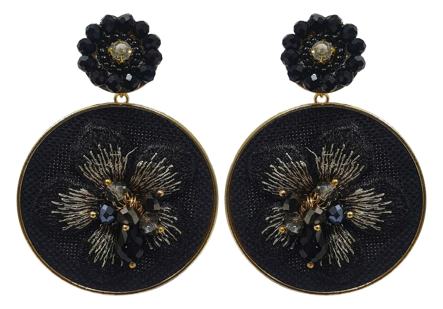 Indian Petals Fabric Flower on Round Disc Design Artificial Fashion Dangler Earrings for Girls Women, Blue