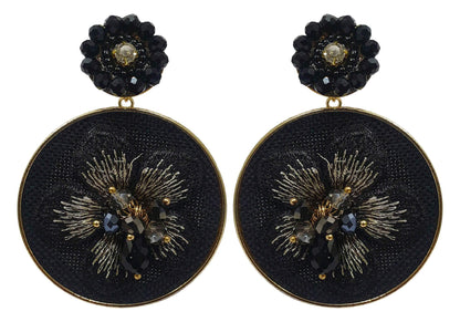 Indian Petals Fabric Flower on Round Disc Design Artificial Fashion Dangler Earrings for Girls Women, Blue