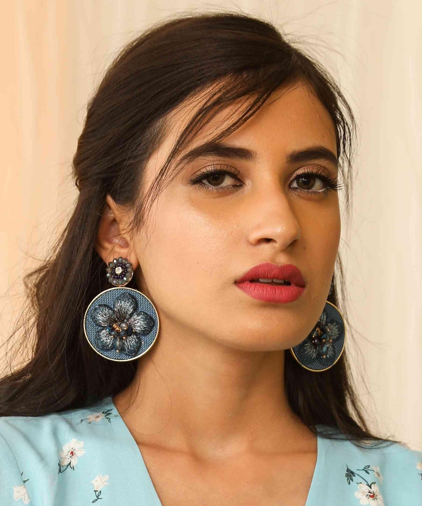 Indian Petals Fabric Flower on Round Disc Design Artificial Fashion Dangler Earrings for Girls Women, Black