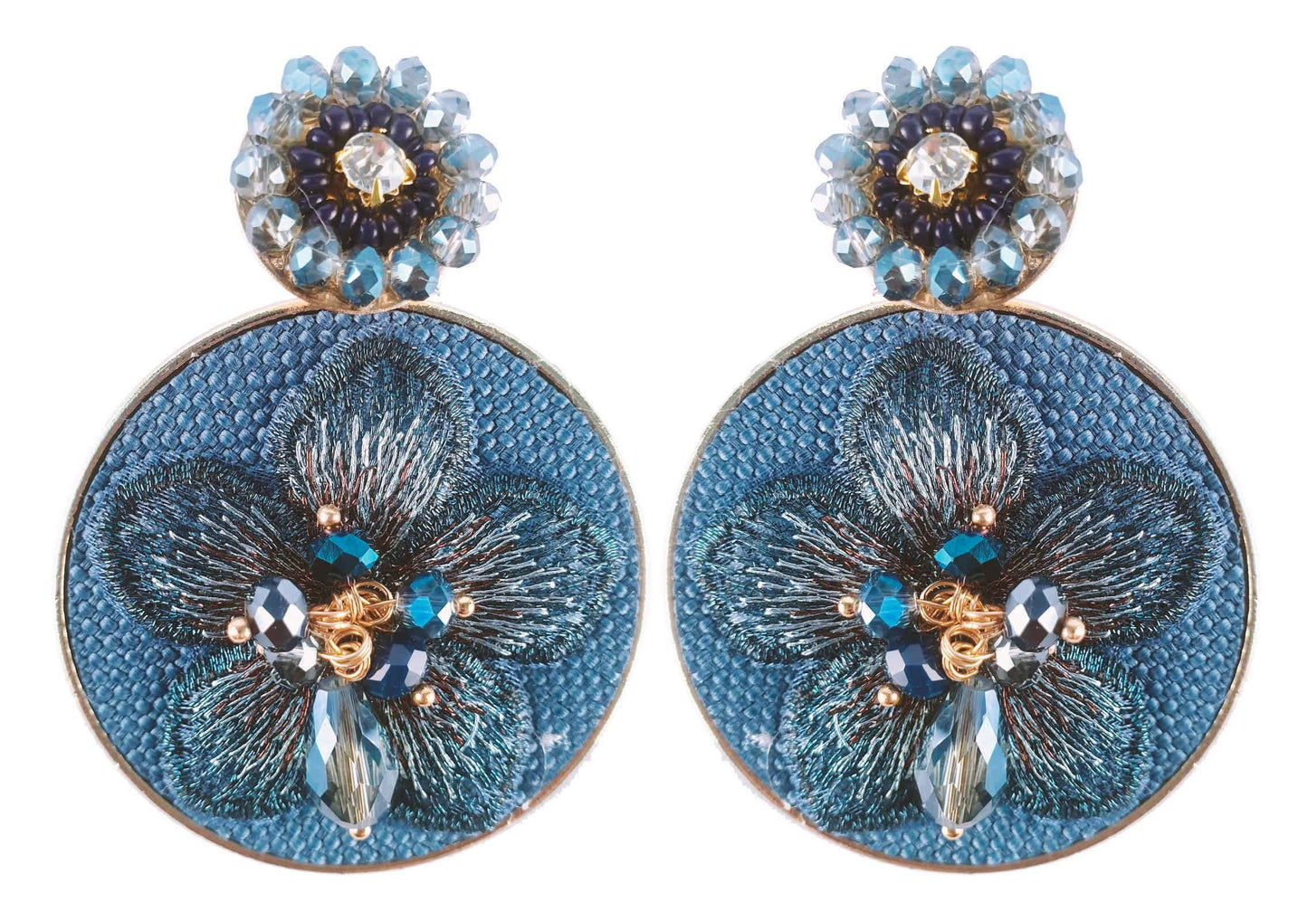 Indian Petals Fabric Flower on Round Disc Design Artificial Fashion Dangler Earrings for Girls Women - Indian Petals