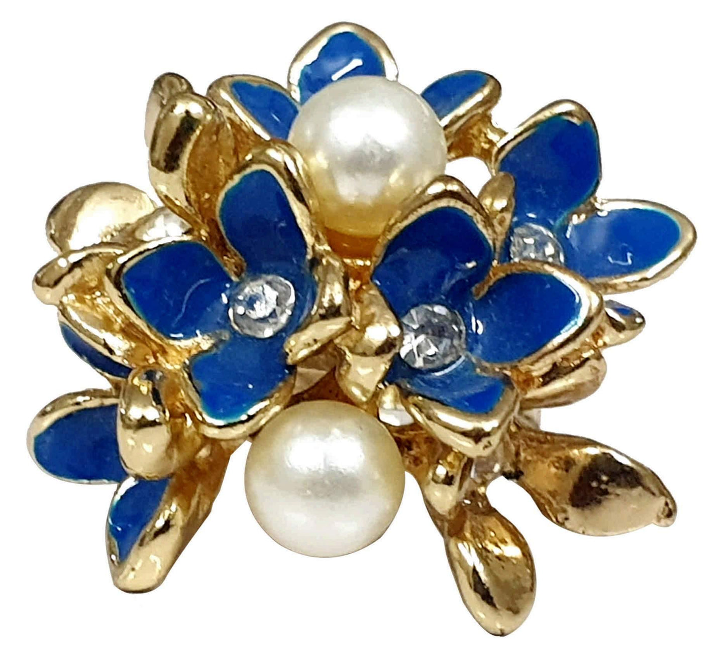Rhinestones and Pearls Studded Floral Design Enamel Imitation Artificial Metal Polished Ring for Girls - Indian Petals