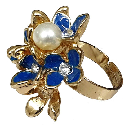 Rhinestones and Pearls Studded Floral Design Enamel Imitation Artificial Metal Polished Ring for Girls - Indian Petals