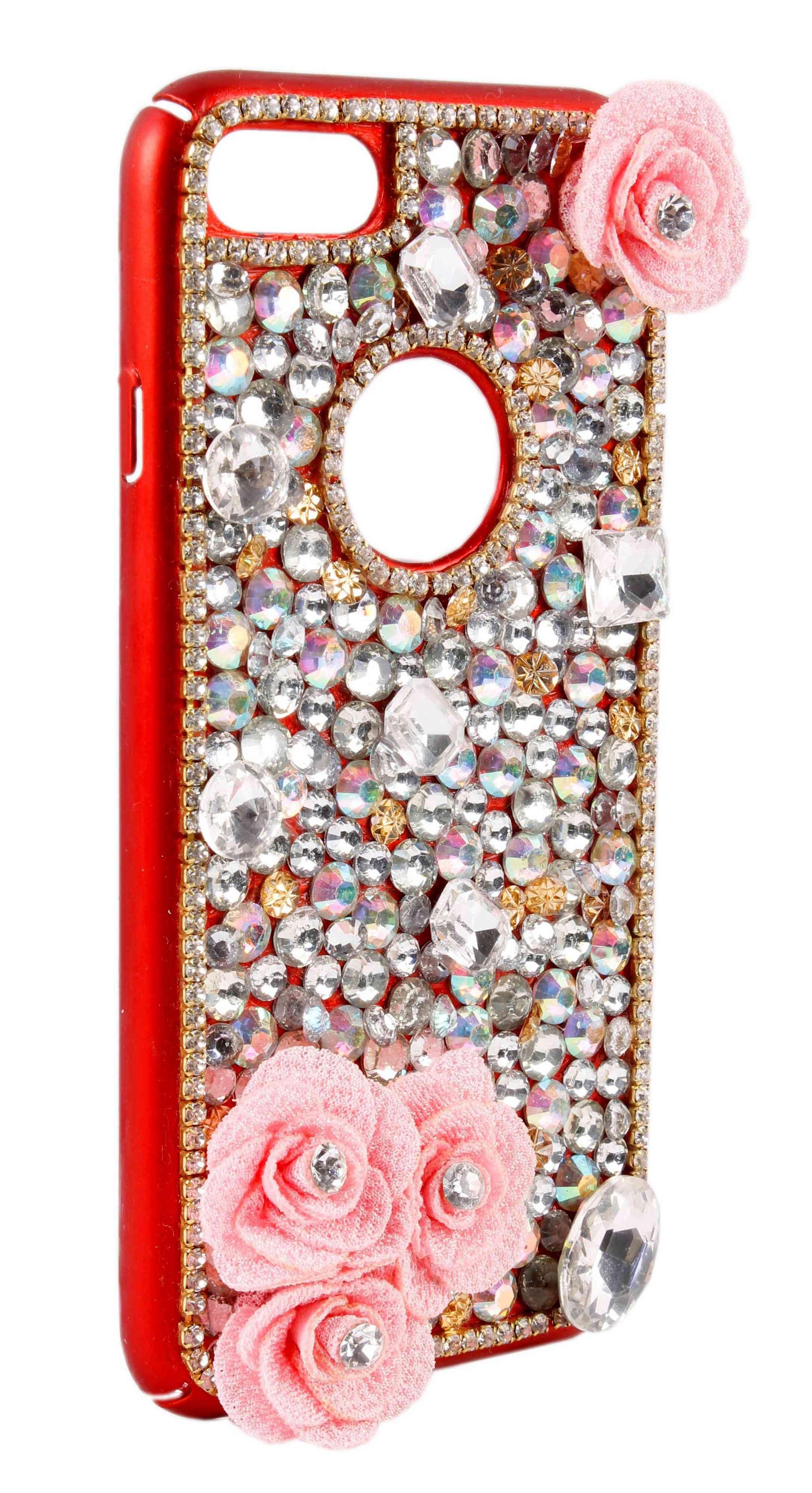 Crystal Rhinestone Studded Floral Design with Border Handmade Designer Hot Red Party Mobile Bling Cover for Apple iPhone 7
