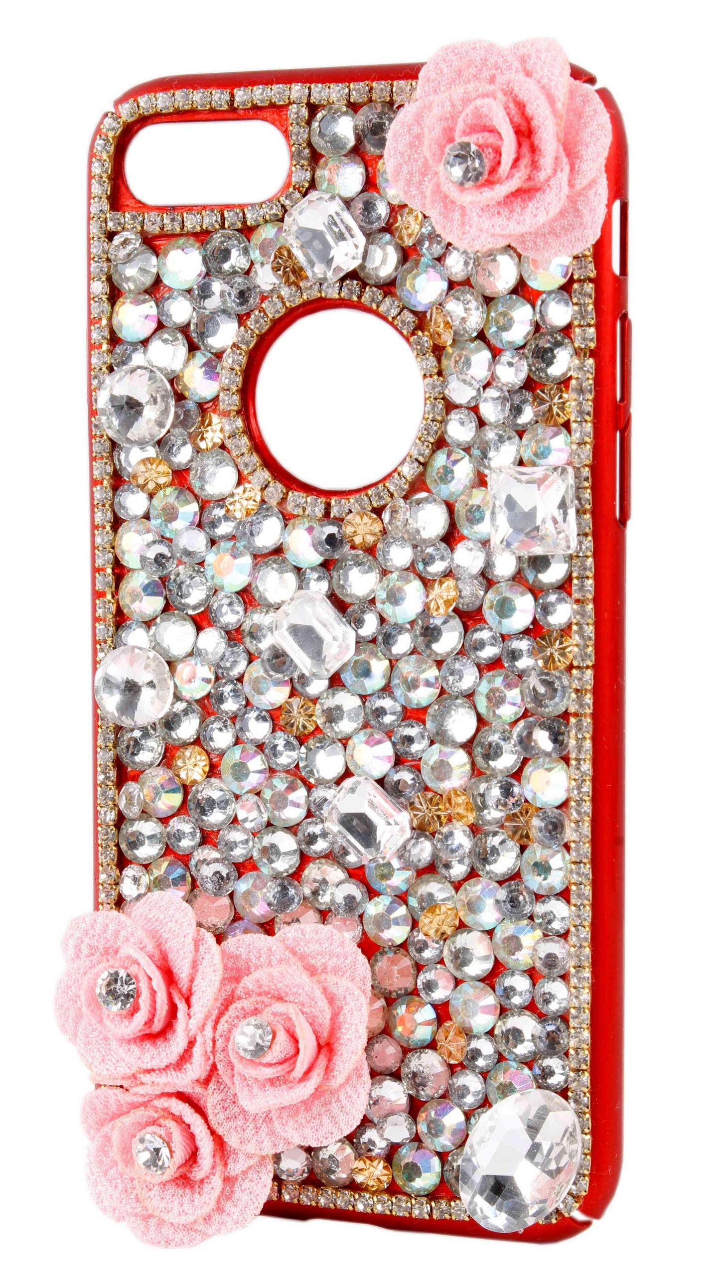 Crystal Rhinestone Studded Floral Design with Border Handmade Designer Hot Red Party Mobile Bling Cover for Apple iPhone 7