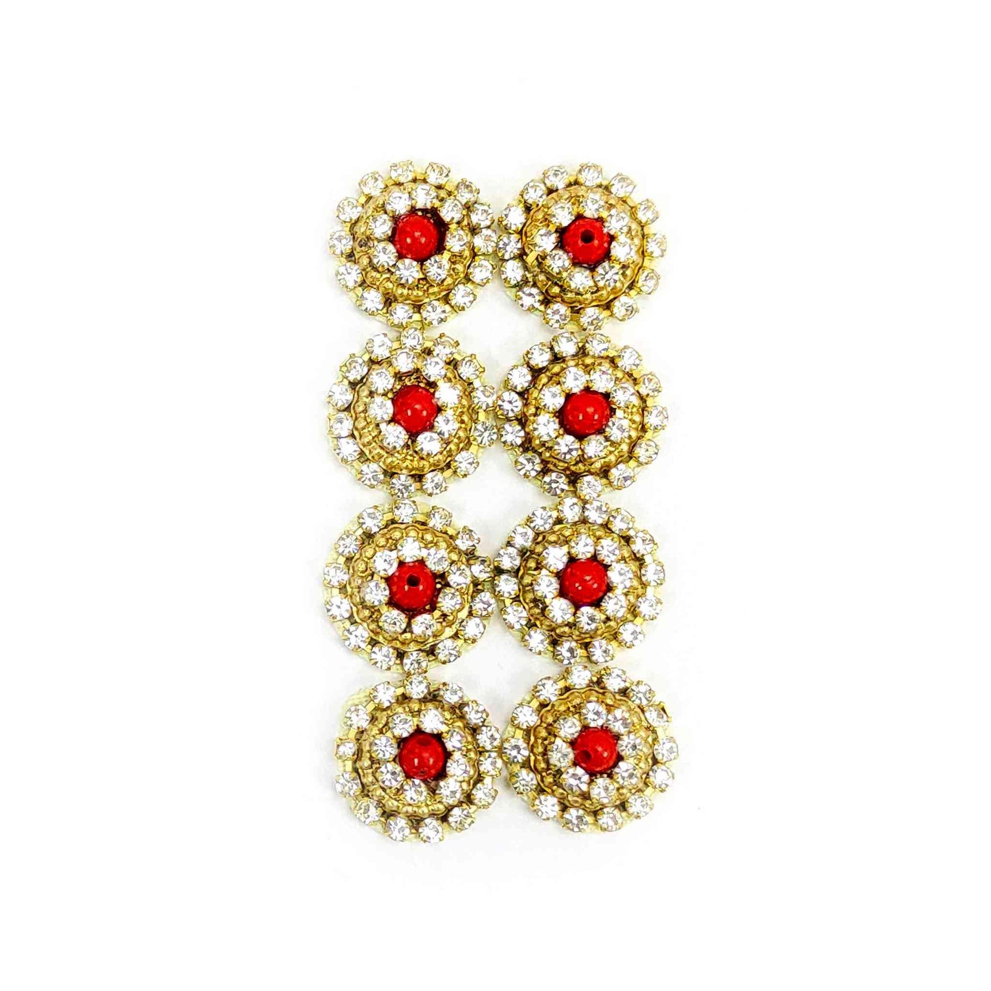 Rhinestone Studded Buti for DIY Craft, Trousseau Packing or Decoration (Bunch of 12) - Design 220, Red - Indian Petals