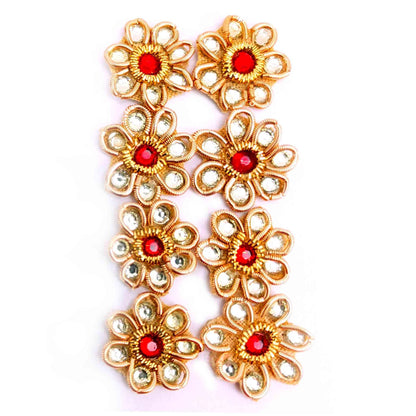 Indian Petals Rhinestone Studded Floral Buti for DIY Craft, Trousseau Packing or Decoration (Bunch of 12) - Design 221, Red - Indian Petals