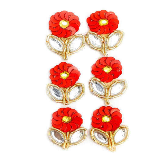 Floral Sequence Buti with Rhinestone Leaves for DIY Craft, Trousseau Packing or Decoration (1 Dozen) - Design 247, Red - Indian Petals