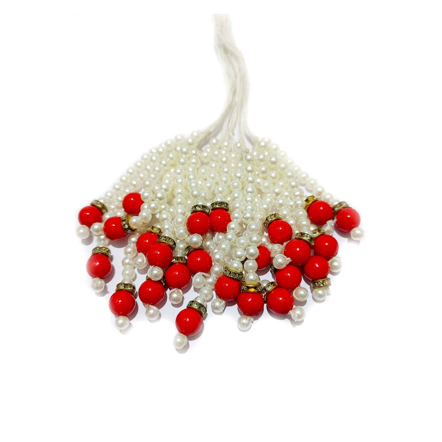 Indian Petals Small Pearl Beads with Red Bead and Diamond Ring Handmade DIY Craft, Jewelry Tassel - Design 818