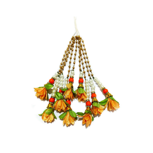 Indian Petals Fabric Flowers and Pearl Beads Handmade DIY Craft, Jewelry Fringe Tassel with Diamond Rings - Design 836