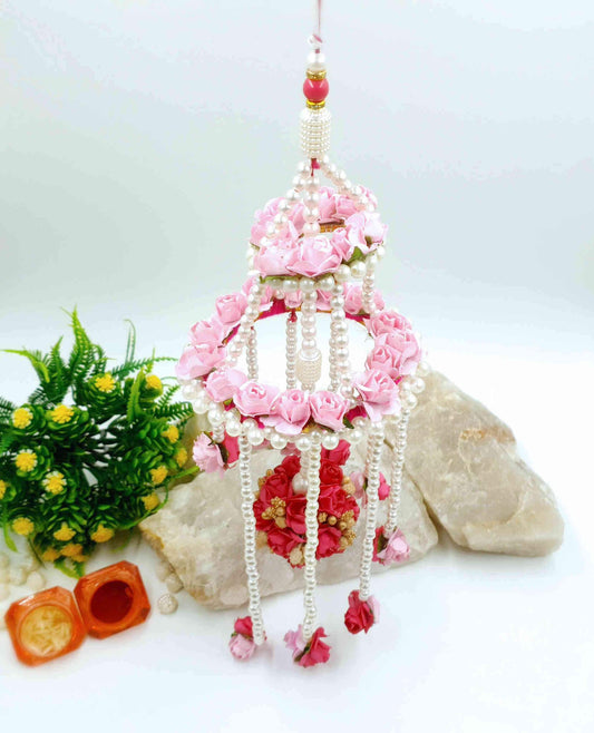 Indian Petals Big Floral Jhumar with Pearl Tassels Premium Lumba Rakhi for the Newly wedded Bhabhi, Pink