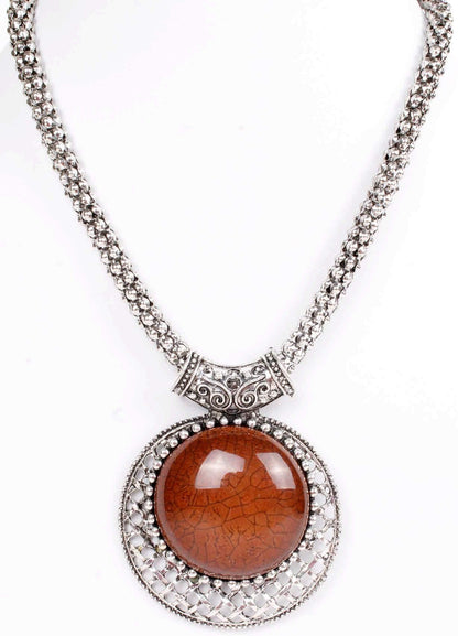 Big Agate Stones Design Imitation Fashion Metal Pendant with Long Chain For Girls - #Indian Petals#