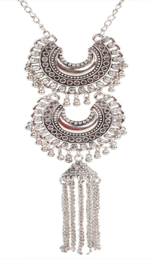 Retro style Afgani design Double Pendant Metal Imitation Fashion Oxidised Necklace with Tassels for Girls and Ladies - #Indian Petals#